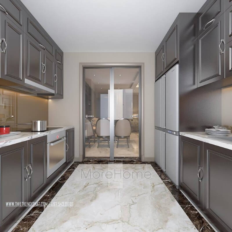 Không gian phòng bếp được thiết kế hình chữ U tạo nên sự riêng biệt và tiện nghi nhất cho người nội trợ Thiết kế nội thất phòng bếp