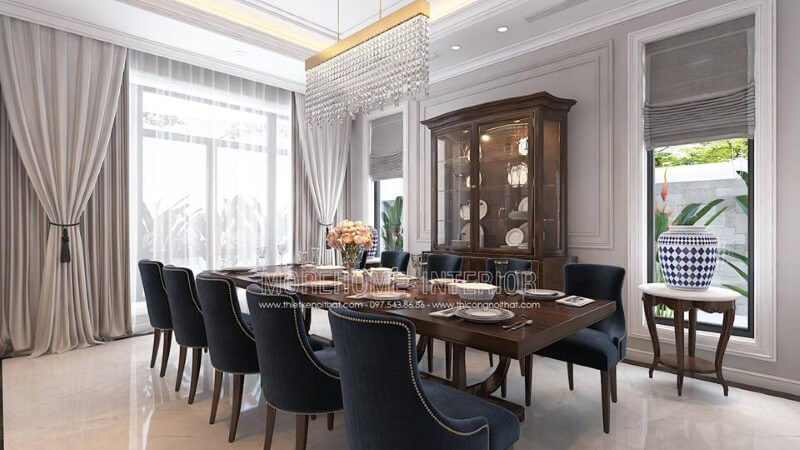 Sắp xếp nội thất phòng ăn phòng ăn tân cổ điển đẹp, quý phái với không gian bàn ăn dành cho 10 người nhưng vẫn rộng rãi thông thoáng. Mẫu nội thất biệt thự đẹp