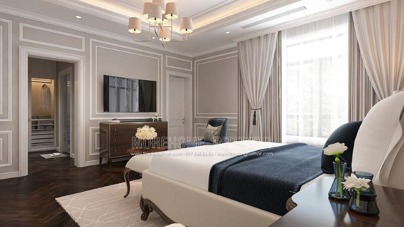 Thiết kế nội thất phòng ngủ vợ chồng tân cổ điển sử dụng tone trắng chủ đạo sẽ là lựa chọn ấn tượng cho chủ nhà mệnh Kim. Mẫu nội thất biệt thự đẹp