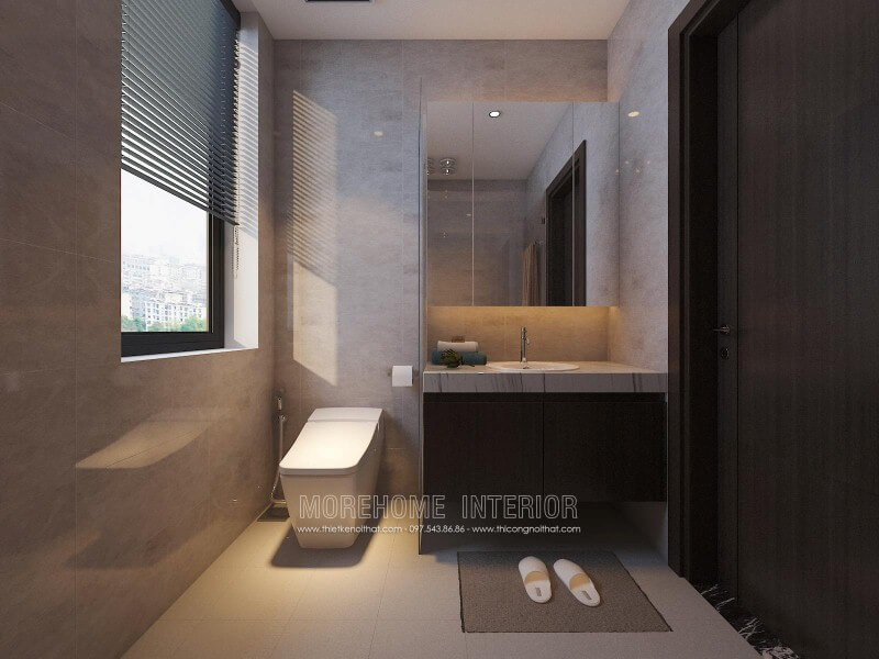 Tủ phòng tắm màu trầm kết hợp cùng mặt bàn đá lavabor cùng thiết kế hiện đại giúp cho phòng tắm nhỏ trở nên đẹp, sang trọng và đầy tiện ghi. Mẫu nội thất biệt thự đẹp