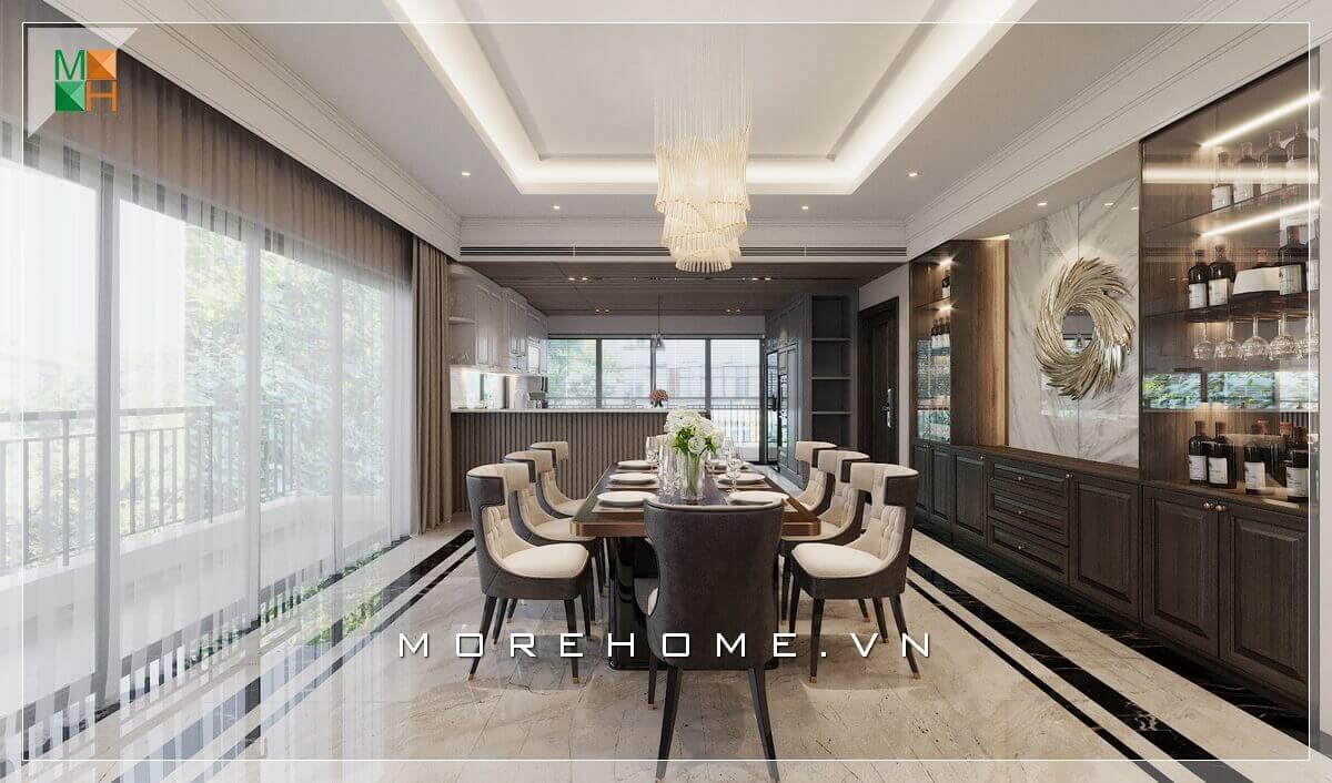 Thiết kế phòng ăn mở, với hệ thống cửa kính lấy ánh sáng một cách hoàn hảo, đồng thời cũng mang lại một không gian thiên nhiên lãng mạn cho bữa ăn gia đình Mẫu nội thất biệt thự đẹp