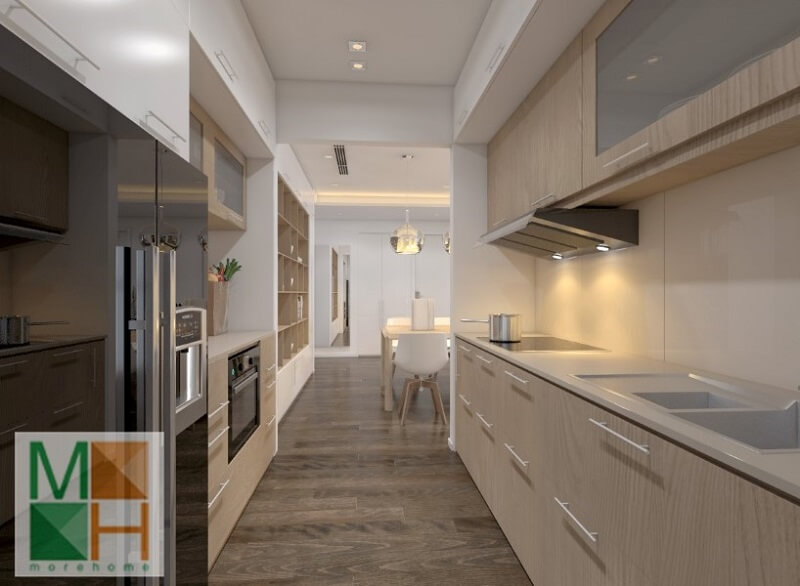 Thiết kế phòng bếp chung cư đẹp với hệ tủ bếp gỗ công nghiệp hiện đại,thông minh Thiết kế phòng bếp chung cư