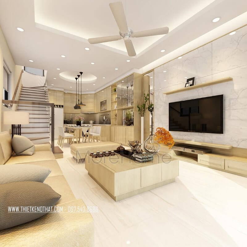 Nội thất phòng khách với tông màu pastel nhẹ nhàng từ gỗ tạo cảm giác dễ chịu và sự tinh tế trong không gian phòng được thoáng rộng hơn. Tiết lộ các mẫu thiết kế phòng khách ưa chuộng nhất hiện nay