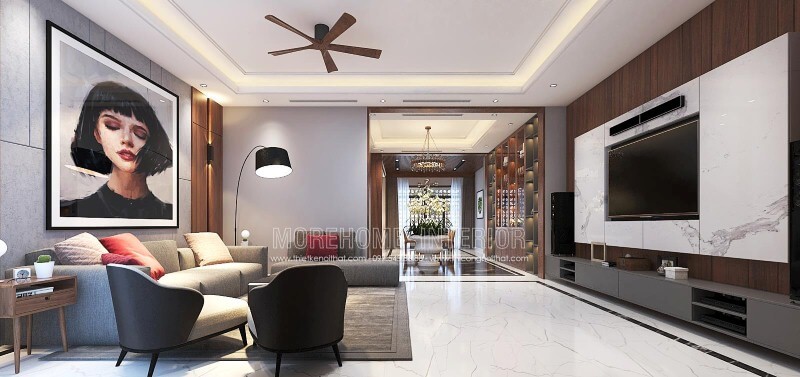 Sắp xếp nội thất phòng khách ấn tượng với thiết kế mở, hiện đại tạo nên không gian thông thoáng, đẹp mắt. Thiết kế phòng khách biệt thự