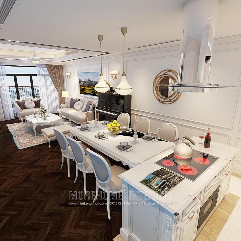 Sử dụng tone màu trắng ấn tượng đồng nhất với các không gian sinh hoạt chung khác, mẫu tủ bếp gỗ tần bì phun sơn cao cấp mang lại sự sang trọng và đẳng cấp Tủ bếp