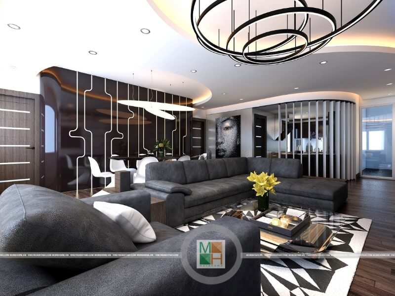 Thiết kế nội thất chung cư đẹp với bộ sofa da màu đen sang trọng tạo điểm nhấn nổi bật cho phòng khách. Mẫu nội thất chung cư