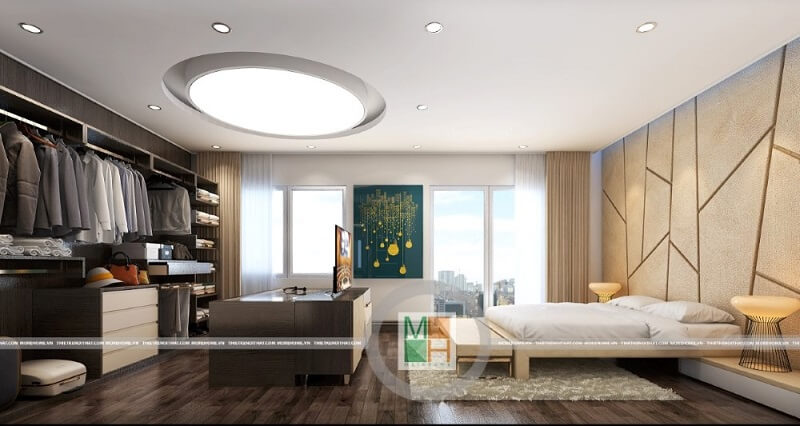 Mẫu thiết kế nội thất phòng ngủ chung cư đẹp, sang trọng với bức tường đầu giường cách điệu màu vàng, kết hợp trần thạch cao và hiệu ứng ánh sáng tinh tế mang đến một không gian nghỉ ngơi lí tưởng Mẫu nội thất chung cư