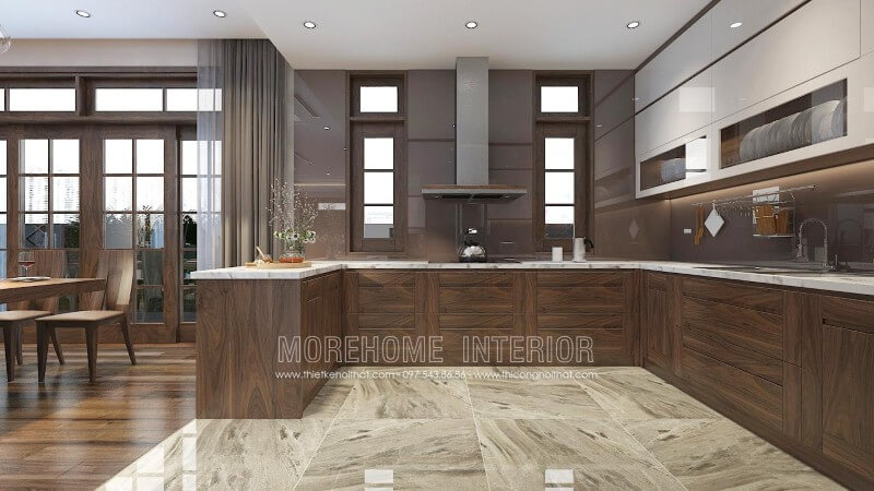 Thiết kế tủ bếp chung cư cao cấp với chất liệu gỗ óc chó nhập khẩu đóng vai trò chủ đạo tạo nên sự sang trọng, tinh tế, đồng thời thể hiện được sự đẳng cấp, gu thẩm mỹ của chủ nhân ngôi nhà Tủ bếp gỗ, tủ bếp gỗ tự nhiên, tủ bếp tân cổ điển