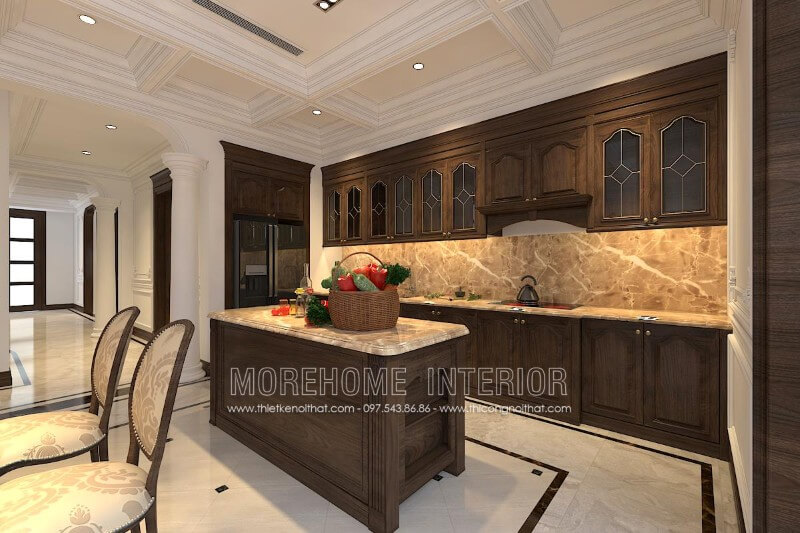 Sản phẩm tủ bếp chữ i gỗ óc chó tân cổ điển đang được Morehome thiết kế và sản xuất Tủ bếp gỗ, tủ bếp gỗ tự nhiên, tủ bếp tân cổ điển