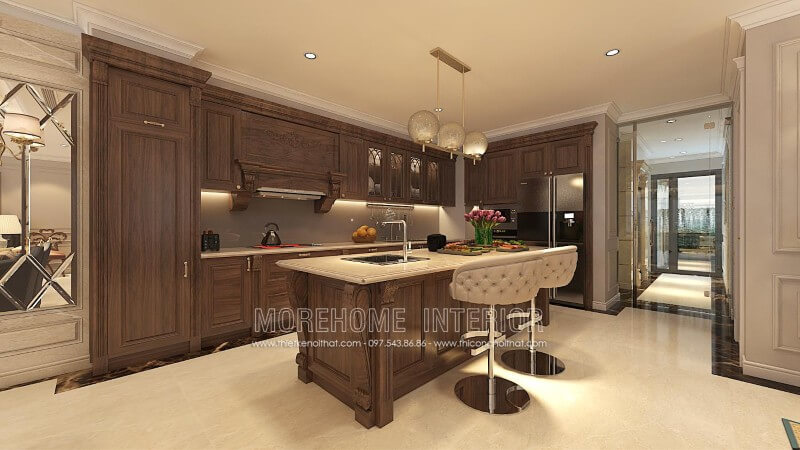 Thiết kế tủ bếp biệt thự cao cấp phong cách tân cổ điển sang trọng Tủ bếp gỗ, tủ bếp gỗ tự nhiên, tủ bếp tân cổ điển