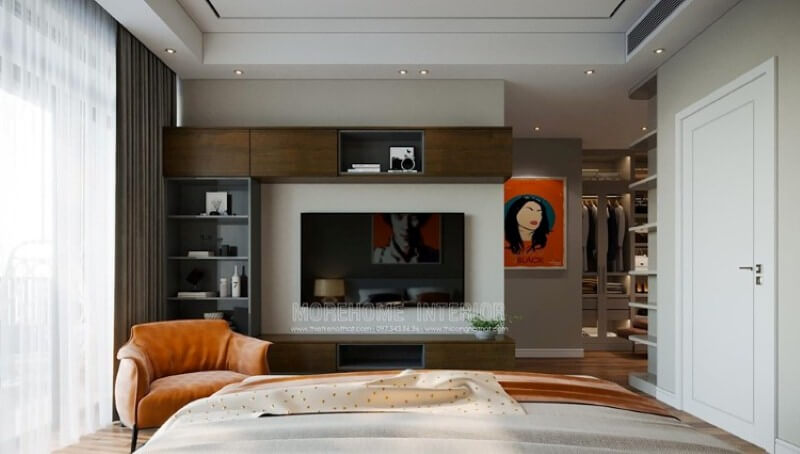 Kệ trang trí, kệ tivi, kệ ốp tường liền mạch độc đáo từ kiểu dáng hiện đại sang trọng ấn tượng từ gỗ công nghiệp laminate An Cường cao cấp. Thiết kế nội thất phòng ngủ biệt thự