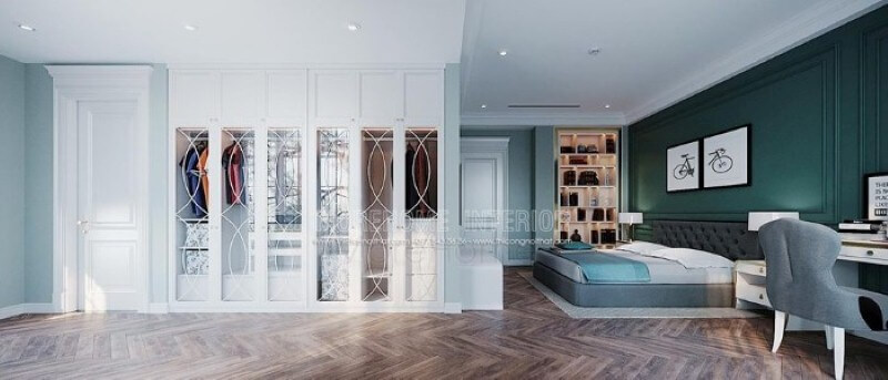 Tủ quần áo âm tường được bố trí âm tường tạo cảm giác thông thoáng ấn tượng cho phòng ngủ. Thiết kế nội thất phòng ngủ biệt thự