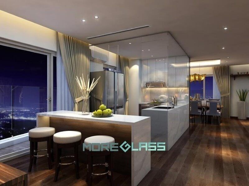 Thiết kế phòng bếp bằng kính là điểm nhấn độc đáo cho biệt thự