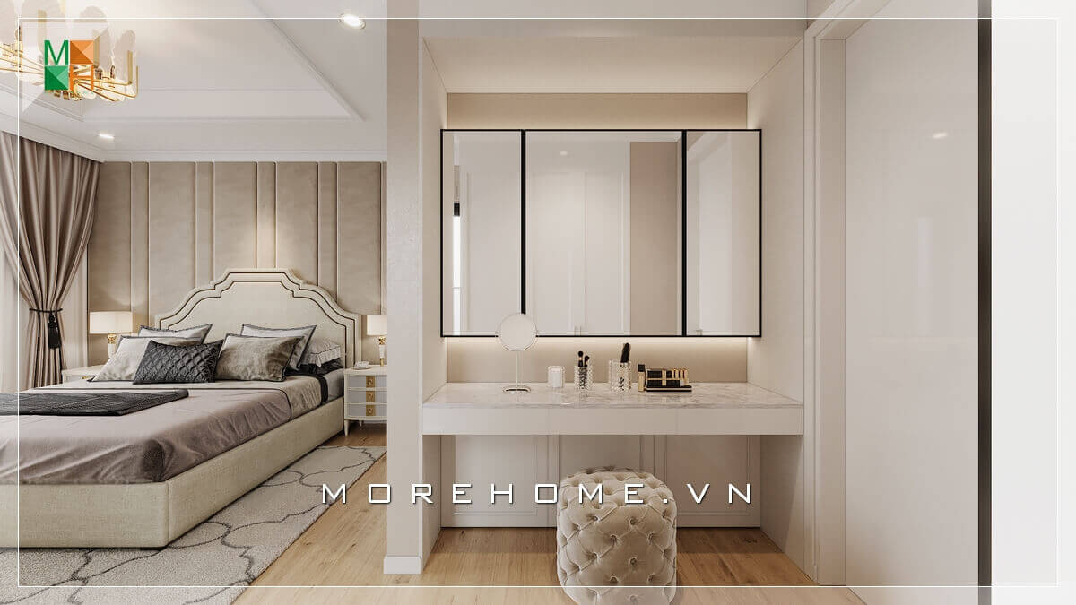 Mẫu phòng ngủ phong cách tân cổ điển với nội thất trắng bọc nỉ sang trọng, được thiết kế một khu vực dành riêng cho nữ gia chủ trang điểm làm đẹp, phù hợp với phòng ngủ có diện tích rộng