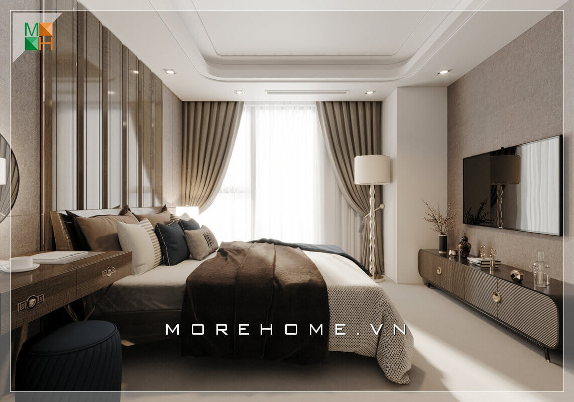 Mẫu thiết kế nội thất phòng ngủ gam màu trung bình mang đến không gian nghỉ ngơi sang trọng, cao cấp cho gia chủ