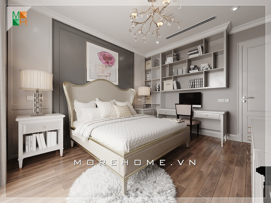 Mẫu phòng ngủ mang phong cách tân đổ điển, thiết kế màu trắng nâu chủ đạo. Tone màu trung tính thường mang lại cảm giác dễ chịu và thoải mái cho gia chủ.