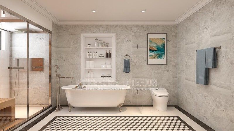 Bố trí phòng tắm cao cấp có bồn đẹp, sang trọng và đầy đủ tiện nghi.