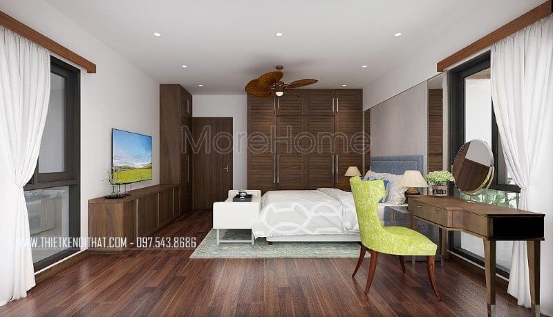 Nội thất phòng ngủ vợ chồng gỗ óc chó trở thành điểm nhấn bởi vẻ đẹp hoàn hảo được tôn lên từ Sàn gỗ, bộ bàn ghế trang điểm, tủ quần áo, kệ tivi, cửa gỗ.