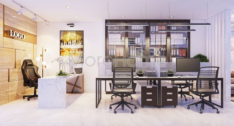 Thiết kế văn phòng làm việc nhỏ hiện đại với đầy đủ công năng từ thiết bị máy tính đến tủ tài liệu