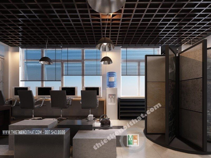 Mẫu thiết kế nội thất showroom văn phòng ấn tượng kết hợp với khutrưng bày đá tự nhiên độc đáo.