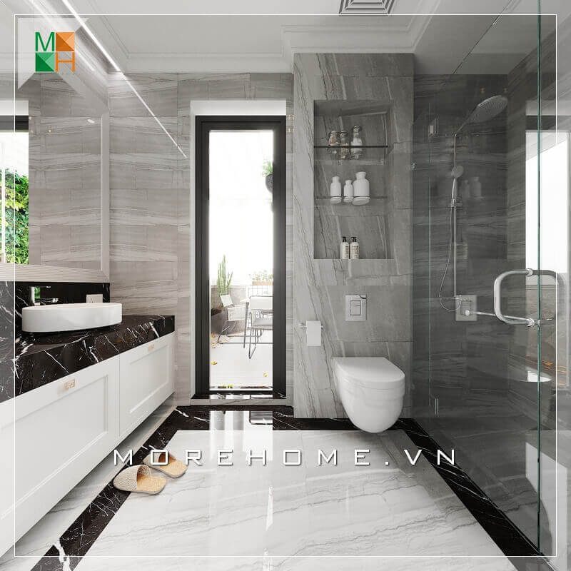 Thiết kế nhà vệ sinh kết hợp nhà tắm phù hợp với diện tích căn phòng biệt thự, nhà phố sẽ giúp người dùng tiện lợi hơn. Sử dụng gạch lát nền và gạch ốp tường đẹp cũng là một yếu tố cần chú ý.