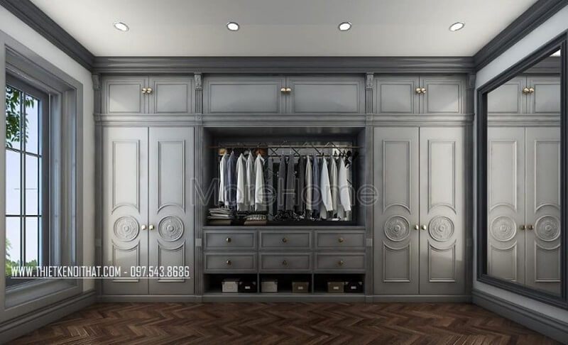 Mẫu tủ quần áo tân cổ điển màu trắng sang trọng cho phòng ngủ biệt thự gia chủ