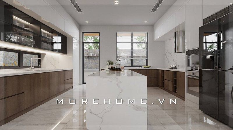 Mang đến không gian phòng bếp lý tưởng với mẫu thiết kế nội thất phòng bếp hiện đại với hệ tủ bếp gỗ công nghiệp thông minh tích hợp nhiều công năng.