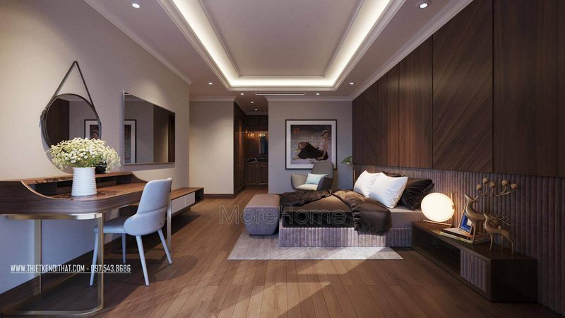 Thiết kế nội thất phòng ngủ master được lựa chọn theo phong cách hiện đại, không đi vào sử dụng nội thất phức tạp, sang trọng và cầu kỳ các chi tiết của nội thất mềm mại và tự nhiên hơn, tạo nên một tổng thể thư giãn. 